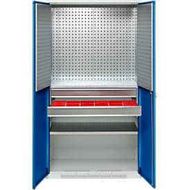 Schäfer Shop Genius Materialschrank FS, 5 OH, abschließbar, Lochrasterwände/2 Schübe/2 Fachböden, bis 450 kg, B 1055 x T 520 x H 1950 mm, lichtgrau/enzianblau + Gratis Einsatzkastenset-24 tlg.