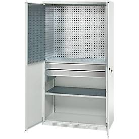 Schäfer Shop Genius Materialschrank FS, 5 OH, abschließbar, Lochrasterwände/2 Schübe/2 Fachböden, bis 450 kg, B 1055 x T 520 x H 1950 mm, lichtgrau/lichtgrau + Gratis Einsatzkastenset-24 tlg.