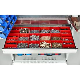 Schäfer Shop Genius Materialschrank FS, 5 OH, abschließbar, Lochrasterwände/2 Schübe/2 Fachböden, bis 450 kg, B 1055 x T 520 x H 1950 mm, lichtgrau/lichtgrau + Gratis Einsatzkastenset-24 tlg.