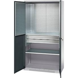 Schäfer Shop Genius Materialschrank FS, 5 OH, abschließbar, Lochrasterwände/2 Schübe/2 Fachböden, bis 450 kg, B 1055 x T 520 x H 1950 mm, weißalu/anthrazitgrau + Gratis Einsatzkastenset-24 tlg.
