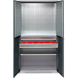 Schäfer Shop Genius Materialschrank FS, 5 OH, abschließbar, Lochrasterwände/2 Schübe/2 Fachböden, bis 450 kg, B 1055 x T 520 x H 1950 mm, weißalu/anthrazitgrau + Gratis Einsatzkastenset-24 tlg.