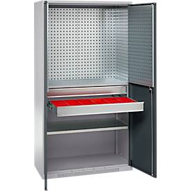 Schäfer Shop Genius Materialschrank FS, 5 OH, abschließbar, Lochrasterwände/2 Schübe/2 Fachböden, bis 450 kg, B 1055 x T 520 x H 1950 mm, weißalu/anthrazitgrau + Gratis Einsatzkastenset-24 tlg.