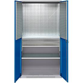 Schäfer Shop Genius Materialschrank FS, 5 OH, abschließbar, Lochrasterwände/2 Schübe/2 Fachböden, bis 450 kg, B 1055 x T 520 x H 1950 mm, weißalu/enzianblau + Gratis Einsatzkastenset-24 tlg.