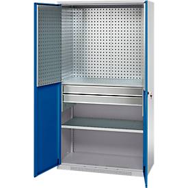 Schäfer Shop Genius Materialschrank FS, 5 OH, abschließbar, Lochrasterwände/2 Schübe/2 Fachböden, bis 450 kg, B 1055 x T 520 x H 1950 mm, weißalu/enzianblau + Gratis Einsatzkastenset-24 tlg.