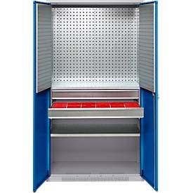 Schäfer Shop Genius Materialschrank FS, 5 OH, abschließbar, Lochrasterwände/2 Schübe/2 Fachböden, bis 450 kg, B 1055 x T 520 x H 1950 mm, weißalu/enzianblau + Gratis Einsatzkastenset-24 tlg.