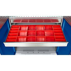 Schäfer Shop Genius Materialschrank FS, 5 OH, abschließbar, Lochrasterwände/2 Schübe/2 Fachböden, bis 450 kg, B 1055 x T 520 x H 1950 mm, weißalu/enzianblau + Gratis Einsatzkastenset-24 tlg.