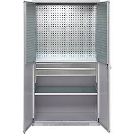 Schäfer Shop Genius Materialschrank FS, 5 OH, abschließbar, Lochrasterwände/2 Schübe/2 Fachböden, bis 450 kg, B 1055 x T 520 x H 1950 mm, weißalu/weißalu + Gratis Einsatzkastenset-24 tlg.