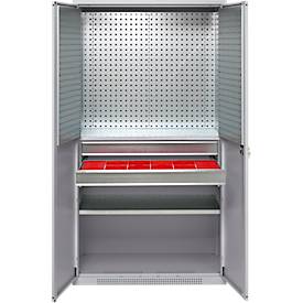 Schäfer Shop Genius Materialschrank FS, 5 OH, abschließbar, Lochrasterwände/2 Schübe/2 Fachböden, bis 450 kg, B 1055 x T 520 x H 1950 mm, weißalu/weißalu + Gratis Einsatzkastenset-24 tlg.
