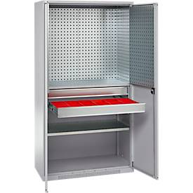 Schäfer Shop Genius Materialschrank FS, 5 OH, abschließbar, Lochrasterwände/2 Schübe/2 Fachböden, bis 450 kg, B 1055 x T 520 x H 1950 mm, weißalu/weißalu + Gratis Einsatzkastenset-24 tlg.