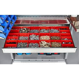 Schäfer Shop Genius Materialschrank FS, 5 OH, abschließbar, Lochrasterwände/2 Schübe/2 Fachböden, bis 450 kg, B 1055 x T 520 x H 1950 mm, weißalu/weißalu + Gratis Einsatzkastenset-24 tlg.