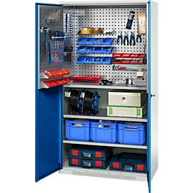 Schäfer Shop Genius Materialschrank FS, 5 OH, abschließbar, Lochrasterwände/3 Fachböden, bis 450 kg, B 1055 x T 520 x H 1950 mm, lichtgrau/enzianblau