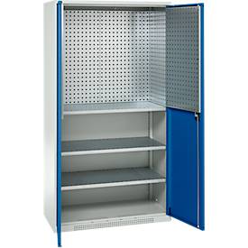 Schäfer Shop Genius Materialschrank FS, 5 OH, abschließbar, Lochrasterwände/3 Fachböden, bis 450 kg, B 1055 x T 520 x H 1950 mm, lichtgrau/enzianblau