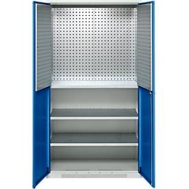 Schäfer Shop Genius Materialschrank FS, 5 OH, abschließbar, Lochrasterwände/3 Fachböden, bis 450 kg, B 1055 x T 520 x H 1950 mm, lichtgrau/enzianblau
