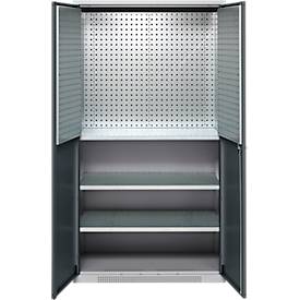 Schäfer Shop Genius Materialschrank FS, 5 OH, abschließbar, Lochrasterwände/3 Fachböden, bis 450 kg, B 1055 x T 520 x H 1950 mm, weißalu/anthrazitgrau