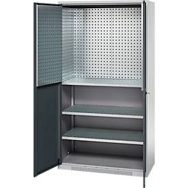 Schäfer Shop Genius Materialschrank FS, 5 OH, abschließbar, Lochrasterwände/3 Fachböden, bis 450 kg, B 1055 x T 520 x H 1950 mm, weißalu/anthrazitgrau