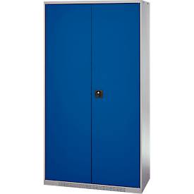 Schäfer Shop Genius Materialschrank FS, 5 OH, abschließbar, Lochrasterwände/3 Fachböden, bis 450 kg, B 1055 x T 520 x H 1950 mm, weißalu/enzianblau