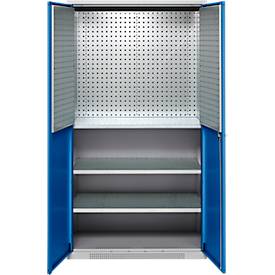Schäfer Shop Genius Materialschrank FS, 5 OH, abschließbar, Lochrasterwände/3 Fachböden, bis 450 kg, B 1055 x T 520 x H 1950 mm, weißalu/enzianblau