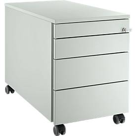 Schäfer Shop Genius mobile pedestal 1233, 3 drawers, 1 utensil drawer, central locking, lateral handle groove, W 435 x D 765 x H 577 mm, light gray/light gray/light gray