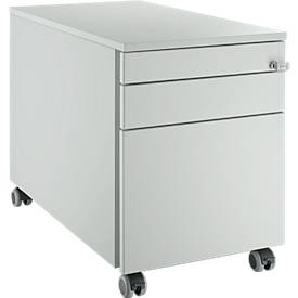 Schäfer Shop Genius mobile pedestal 126, 1 drawer, 1 utensil drawer, 1 suspension file drawer, central locking, lateral handle groove, W 435 x D 765 x H 577 mm, light grey/light grey/light grey