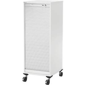 Schäfer Shop Genius Multimobil, L 450 x P 500 x H 1220 mm, volet roulant en plastique, avec roulettes, verrouillable, blanc