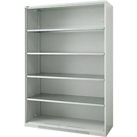 Schäfer Shop Genius Regalschrank FS, 5 OH, 4 höhenverstellbare Fachböden, bis 450 kg, B 1343 x T 420 x H 1950 mm, Stahl, lichtgrau RAL 7035