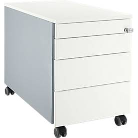 Schäfer Shop Genius Rollcontainer 1233, 3 Schubladen, 1 Utensilienauszug, Zentralverschluss, seitliche Griffnut, B 435 x T 765 x H 577 mm, weißalu/weißalu/weiß
