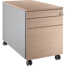 Schäfer Shop Genius Rollcontainer 126, 1 Schublade, 1 Utensilienauszug, 1 Hängeregistraturauszug, Zentralverschluss, seitliche Griffnut, B 435 x T 765 x H 577 mm, weißalu/Eiche-Dekor