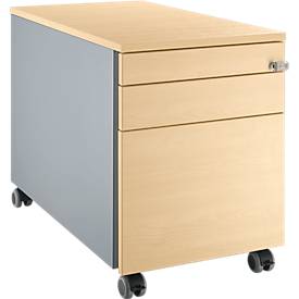 Schäfer Shop Genius Rollcontainer 126, 3 Schübe, Zentralverschluss, seitliche Griffnut, B 435 x T 765 x H 577 mm, weißalu/weißalu/Ahorn-Dekor 