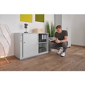 Schäfer Shop Genius Schiebetürenschrank TETRIS WOOD, 2 OH, inkl. Stahlsockel, B 1200 x T 421 x H 800 mm, lichtgrau