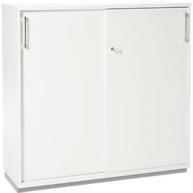 Schäfer Shop Genius Schiebtürenschrank TETRIS WOOD, 3 OH, 2 Fachböden, abschließbar, Fußgleiter & Stahlsockel, B 1000 x T 421 x H 1160 mm, weiß