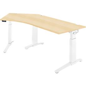 Schäfer Shop Genius Schreibtisch ERGOSTYLE S, 135°, einstufig, elektrisch höhenverstellbar, Ansatz links, C-Fuß, B 2165 x T 800 x H 715-1182 mm, inkl. Memory Master, Ahorn/weiß