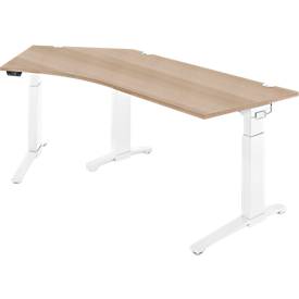 Schäfer Shop Genius Schreibtisch ERGOSTYLE S, 135°, einstufig, elektrisch höhenverstellbar, Ansatz links, C-Fuß, B 2165 x T 800 x H 715-1182 mm, inkl. Memory Master, Eiche/weiß