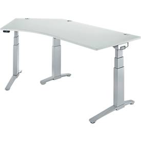 Schäfer Shop Genius Schreibtisch ERGOSTYLE S, 135°, elektrisch höhenverstellbar, Ansatz links, zweistufig, C-Fuß, B 2165 x T 800 x H 645-1305 mm, inkl. Memory Master, lichtgrau/weißaluminium