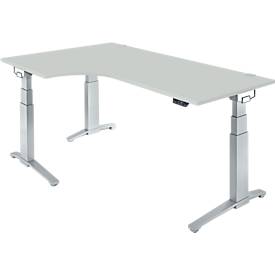 Schäfer Shop Genius Schreibtisch ERGOSTYLE S, 90°, Ansatz links, elektrisch höhenverstellbar, C-Fuß, zweistufig, B 2000 x T 800 x H 645-1305 mm, inkl. Memory Master, lichtgrau/weißaluminium