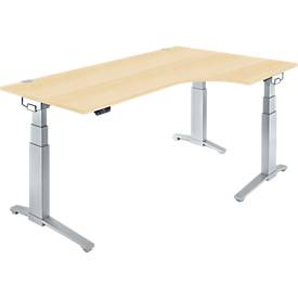 Schäfer Shop Genius Schreibtisch ERGOSTYLE S, 90°, Ansatz rechts, elektrisch höhenverstellbar, C-Fuß, zweistufig, B 2000 x T 800 x H 645-1305 mm, inkl. Memory Master, Ahorn/weißaluminium