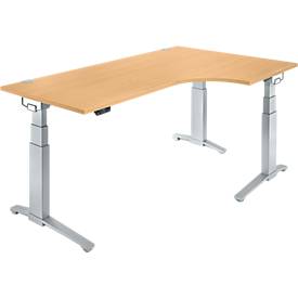 Schäfer Shop Genius Schreibtisch ERGOSTYLE S, 90°, Ansatz rechts, elektrisch höhenverstellbar, C-Fuß, zweistufig, B 2000 x T 800 x H 645-1305 mm, inkl. Memory Master, Buche/weißaluminium