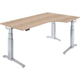 Schäfer Shop Genius Schreibtisch ERGOSTYLE S, 90°, Ansatz rechts, elektrisch höhenverstellbar, C-Fuß, zweistufig, B 2000 x T 800 x H 645-1305 mm, inkl. Memory Master, Eiche/weißaluminium