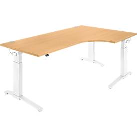 Schäfer Shop Genius Schreibtisch ERGOSTYLE S, 90°, C-Fuß Gestell, Ansatz rechts, manuell höhenverstellbar, melaminharzbeschichtet, B 2000 x T 800 x H 675-895 mm, Buche/weiß