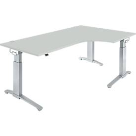 Schäfer Shop Genius Schreibtisch ERGOSTYLE S, 90°, C-Fuß Gestell, Ansatz rechts, manuell höhenverstellbar, melaminharzbeschichtet, B 2000 x T 800 x H 675-895 mm, lichtgrau/weißaluminium