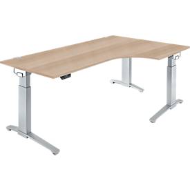 Schäfer Shop Genius Schreibtisch ERGOSTYLE S, 90°, elektrisch höhenverstellbar, Ansatz rechts, C-Fuß, einstufig, B 2000 x T 800 x H 715 - 1182 mm, inkl. Memory Master, Eiche/weißaluminium
