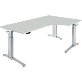 Schäfer Shop Genius Schreibtisch ERGOSTYLE S, 90°, elektrisch höhenverstellbar, Ansatz rechts, C-Fuß, einstufig, B 2000 x T 800 x H 715 - 1182 mm, inkl. Memory Master, lichtgrau/weißaluminium