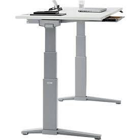 Schäfer Shop Genius Schreibtisch ERGOSTYLE S, Rechteck, 2-stufig elektrisch höhenverstellbar, C-Fuß, B 1600 x T 800 x H 635-1305 mm, inkl. Memory Master + Schublade, lichtgrau/weißaluminium