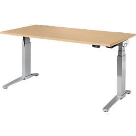 Schäfer Shop Genius Schreibtisch ERGOSTYLE S, Rechteck, elektrisch höhenverstellbar, zweistufig, C-Fuß, B 1600 x T 800 x H 635-1305 mm, inkl. Memory Master, Ahorn/weißaluminium