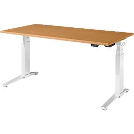 Schäfer Shop Genius Schreibtisch ERGOSTYLE S, Rechteck, elektrisch höhenverstellbar, zweistufig, C-Fuß, B 1600 x T 800 x H 635-1305 mm, inkl. Memory Master, Buche/weiß