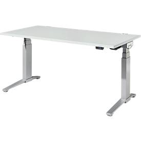 Schäfer Shop Genius Schreibtisch ERGOSTYLE S, Rechteck, elektrisch höhenverstellbar, zweistufig, C-Fuß, B 1600 x T 800 x H 635-1305 mm, inkl. Memory Master, lichtgrau/weißaluminium