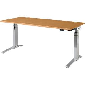 Schäfer Shop Genius Schreibtisch ERGOSTYLE S, Rechteck, elektrisch höhenverstellbar, zweistufig, C-Fuß, B 1800 x T 800 x H 635-1305 mm, inkl. Memory Master, Buche/weißaluminium