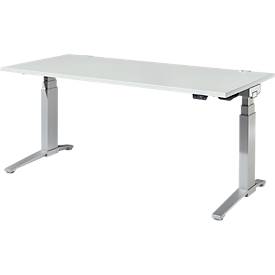 Schäfer Shop Genius Schreibtisch ERGOSTYLE S, Rechteck, elektrisch höhenverstellbar, zweistufig, C-Fuß, B 1800 x T 800 x H 635-1305 mm, inkl. Memory Master, lichtgrau/weißaluminium