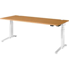 Schäfer Shop Genius Schreibtisch ERGOSTYLE S, Rechteck, elektrisch höhenverstellbar, zweistufig, C-Fuß, B 2000 x T 800 x H 635-1305 mm, inkl. Memory Master, Buche/weiß