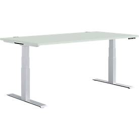 Schäfer Shop Genius Schreibtisch MODENA FLEX, elektrisch höhenverstellbar, Rechteck, T-Fuß, B 1600 x T 800 mm, lichtgrau/weißalu + Memorypanel 