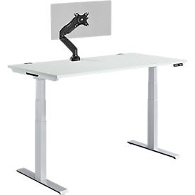 Schäfer Shop Genius Schreibtisch Modena Flex, elektrisch höhenverstellbar, T-Fuß, B 1600 x T 800 x H 645-1290 mm, lichtgrau/weißaluminium + Memory-Bedienpanel, Monitorarm MX8-112